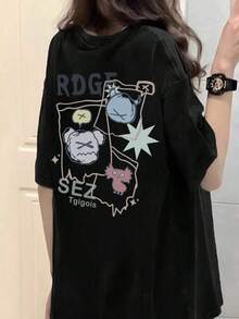 Basic T-Shirts For Women, Oversized T-Shirts, Casual T-Shirts For Women, Funny T-Shirt, Limited Time Offer, Women's Short Sleeve T-Shirt, Japanese Style, Round Neck, Loose Fit, Casual, Versatile, Cartoon Print, White, Spring/Summer. 7N4N - 黑色 - 查看 3