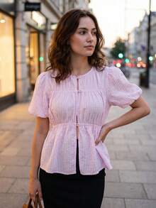 Womens Summer Tops Puff Short Sleeve Crew Neck Striped Print Fashion Button Down Blouses - Pink - View 2