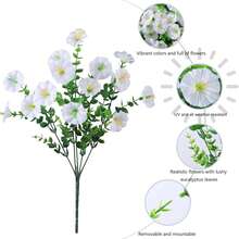 6 bouquets de fleurs décoratives artificielles pour l'extérieur, fausses plantes, gloire du matin artificielle, fausses plantes pour intérieur et extérieur, fleurs artificielles résistantes aux UV à l'aspect réaliste, pour pots de fleurs, porte d'entrée, porche, patio, balcon, maison, jardin, arrière-cour, décoration de la cour avant, printemps été 1/3/6 bouquets - Blanc - Voir 7
