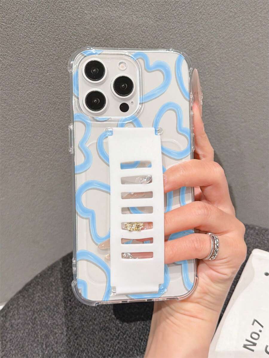 1pc Transparent Shockproof TPU Silicone Phone Case With Detachable Wrist Strap, UV Printed Blue Heart Pattern, Suitable For IPhone 7/8/7 Plus/8 Plus/X/XS/XR/XS Max/11/11 Pro/11 Pro Max/12/12 Pro/12 Pro Max/12 Mini/13/13 Pro/13 Pro Max/13 Mini/14/14 Pro/14 Pro Max/14 Plus/15/15 Pro/15 Pro Max/15 Plus/16 Pro Max/17 Pro Max - Multicolor - View 1