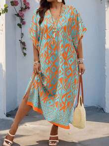 Weeklong Vestido holgado con cuello en V y mangas raglán con aplicaciones, adecuado para uso diario y vacaciones, tallas grandes para mujeres - Multicolor 3 - Ver 7