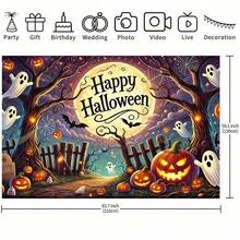 1 Piece Of Haunted Forest Halloween Happy Background Cloth, Full Moon Halloween, Moonlight Path Full Of Ghost Pumpkins, Suitable For Family Gatherings, Halloween Activities, Children's Halloween Decoration, Home Entrance, Garden And Living Room Decoration. - Multicolor - View 4