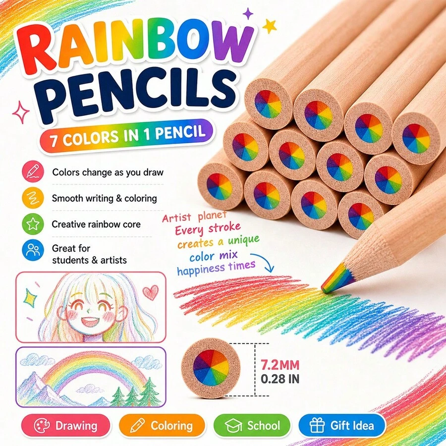 6/12/18pcs Colored Pencil Set, Rainbow Pencils, Wooden Pencils, 7-In-1 Pencil. Suitable For Adults And Students To Create Artwork, Home Painting, Christmas Card Coloring, DIY Sketching, Back To School