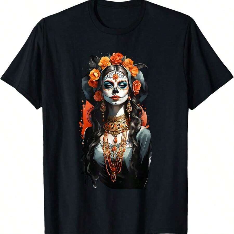 T-Shirt With A Fun Mexican Day Of The Dead Skull Print, Ideal For All Seasons. 220g Cotton, Printed On One Side, Round Neck, Short Sleeves. - Black - View 1
