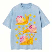 1%, Watercolor Snail Dance Starlight Printed T-Shirt, Suitable For Daily Wear, Easy To Wear In Summer, Comfortable Short-Sleeved Outdoor Holiday S, Fa - 淺藍色 - 查看 1