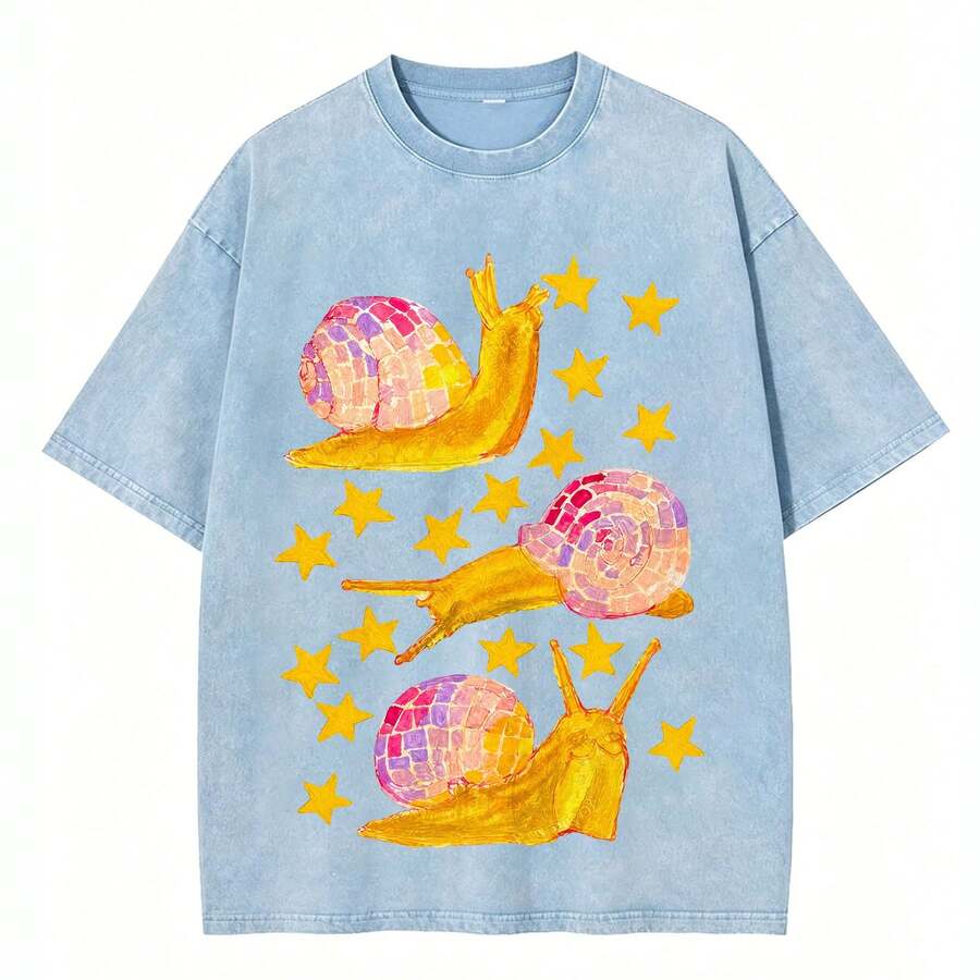 1%, Watercolor Snail Dance Starlight Printed T-Shirt, Suitable For Daily Wear, Easy To Wear In Summer, Comfortable Short-Sleeved Outdoor Holiday S, Fa - 淺藍色 - 查看 1