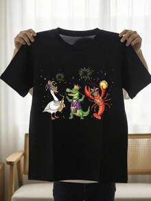 Camiseta de Mardi Gras, Camiseta Divertida con Gráficos de Cocodrilo, Cangrejo de Río y Ganso, Camiseta de Carnaval Morada, Verde y Dorada, Regalo para Festivales 9TUY - Negro - Ver 1