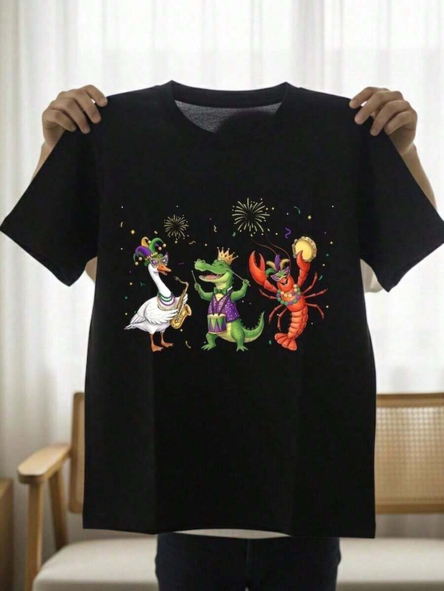 Camiseta de Mardi Gras, Camiseta Divertida con Gráficos de Cocodrilo, Cangrejo de Río y Ganso, Camiseta de Carnaval Morada, Verde y Dorada, Regalo para Festivales 9TUY - Negro - Ver 1