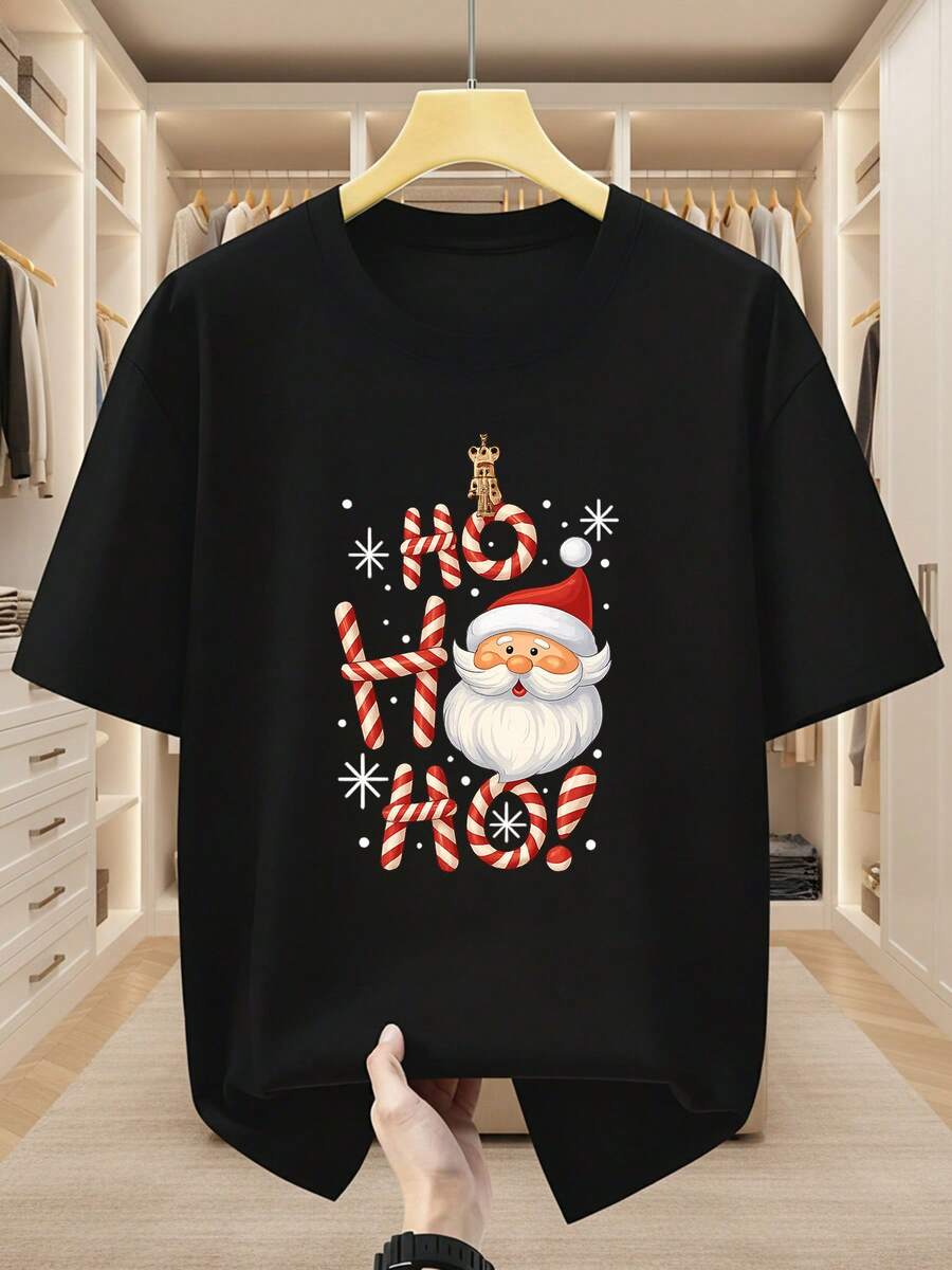 Men's Plus Size T-Shirts, 100% Cotton, With Christmas Santa Claus Print, Round Neck, Comfortable And Casual, Short Sleeve For Summer. - 黑色 - 查看 1