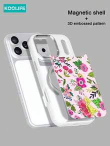 Koolife Detachable Magnetic Flower Pattern Phone Case, Gold Foil Embossed 3D Floral Pattern, PC+TPU Shockproof Protective Case Compatible With Apple 17/17 Pro/17 Pro Max. - Pink Rose Print - View 4