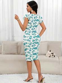 Vestido midi elegante de mujer con cuello en V, estampado floral y volantes - Multicolor 7 - Ver 9