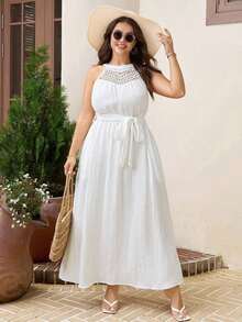 Comfylo Vestido de vacaciones de algodón desgastado blanco con cuello halter de talla grande - Blanco - Ver 5