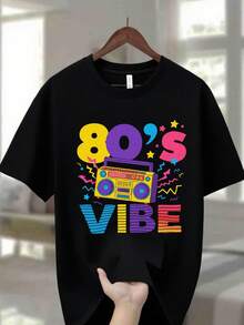 Men's Crew Neck T-Shirt, 100% Cotton, 220G, In Navy Blue, With A Vibrant Retro 80s Boombox Graphic With The Words 'FUNKY' And 'VIBE', Along With Fun Stars And Zigzag Patterns - An Ideal Gift For Men, Perfect For Casual Summer Wear. - 黑色 - 查看 6