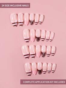 24pcs Long Almond-Shaped French Press-On Nails, Pink Nails With Striped & Floral Patterns, Perfect Fit, Includes 1pc Gel Polish And 1pc Nail File, Summer Manicure - Multicolor - View 3