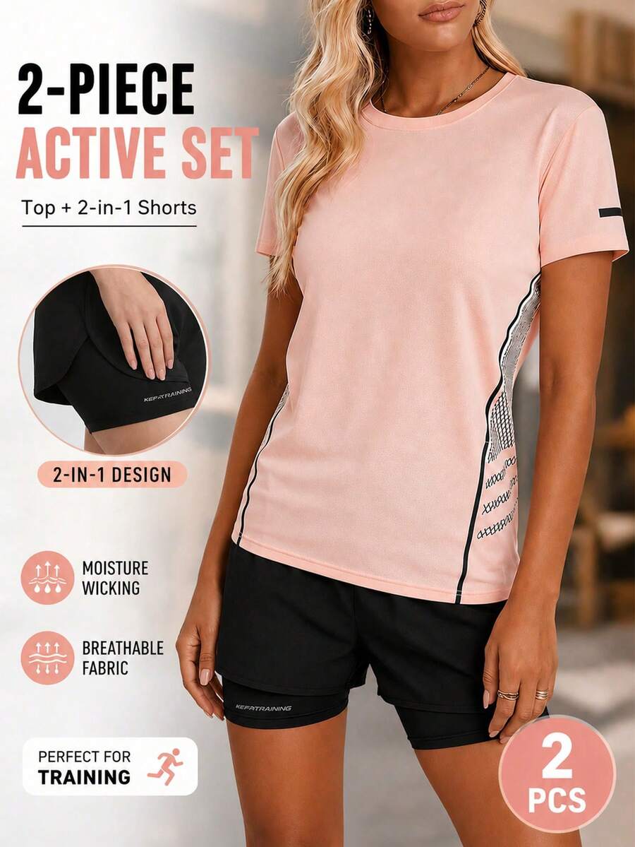 AODSR 2pcs Women's Athleisure 2 Pieces Set, Peach Pink Workout Top & Pocket Shorts, 2 In 1 Athletic Bottoms Sports Summer - Pink - View 1