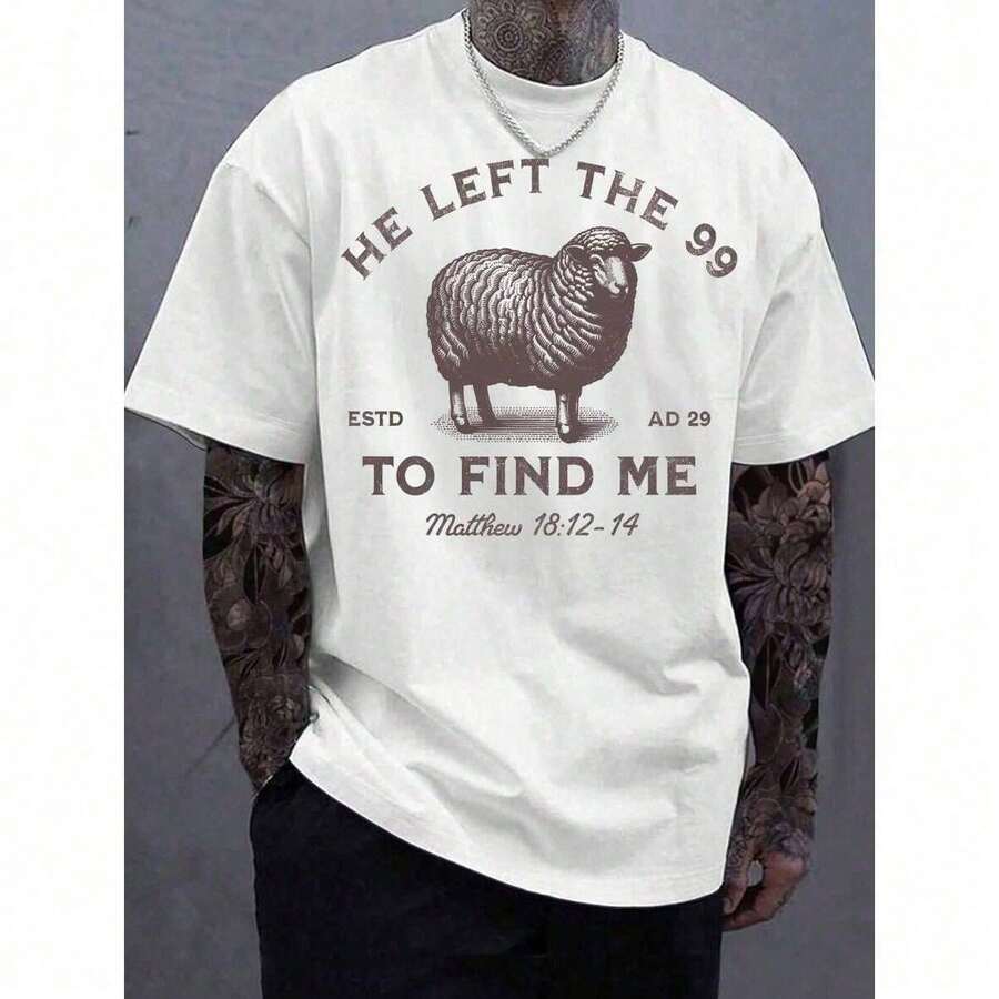 Manfinity Dauomo 99 Jesus T-Shirt, Lord Is My Shepherd T-Shirt, Christian T-Shirt, He Left 99 To Save Me, Men's T-Shirt X50U 5G3Y - 黑色 - 查看 1