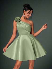 Lovelzi Elegante y lujoso vestido mini de fiesta con asimetría de volantes y flores 3D de color rosa loto - verde menta - Ver 2