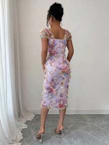 Vestido midi elegante y romántico de mujer con malla impresa y fruncido, adecuado para la temporada de bodas, fiestas, citas, salidas casuales, primavera/verano - Morado 3 - Ver 2