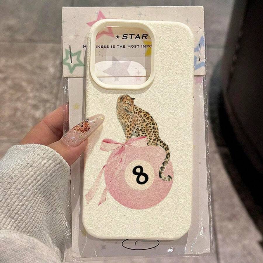 1 pieza Funda de teléfono de material TPU con diseño de lazo de leopardo rosa & negro compatible con iPhone 17 Pro Max/17/16 Pro Max/15/13/12/11, S20 FE/A15/S24/A55, Note 11/Note 12/Note 13 Pro, cobertura completa anti-caída funda protectora suave - Blanco - Ver 1