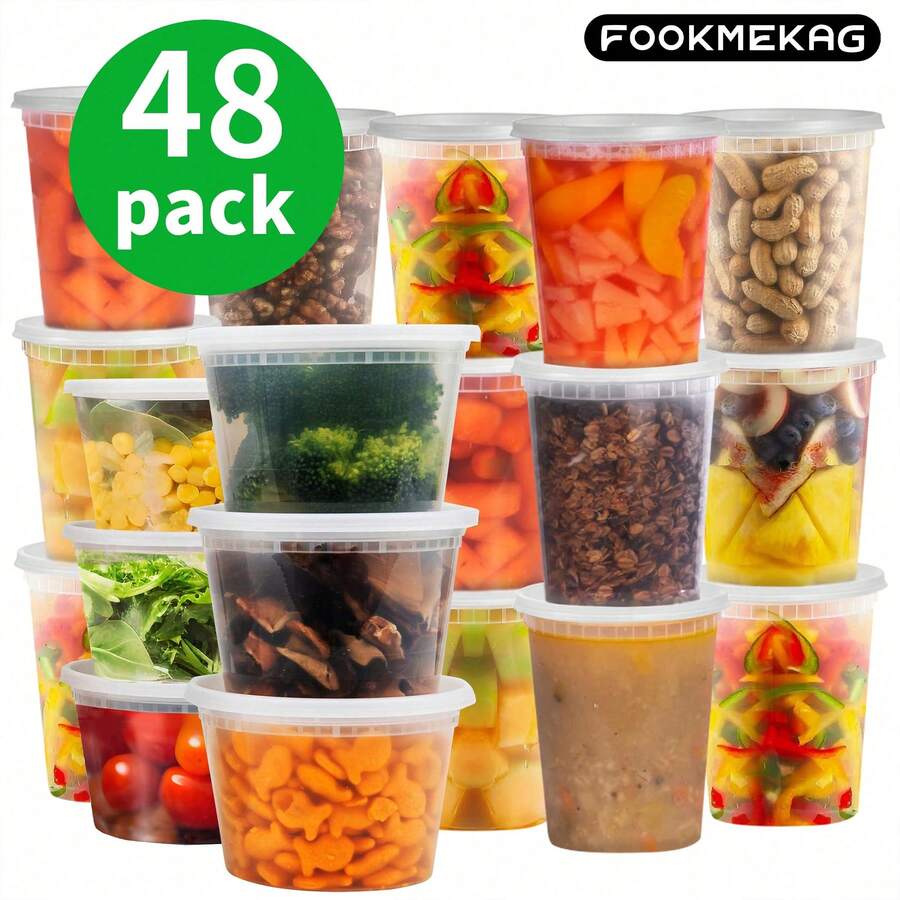 FookmeKag [48 Pieces] Food Storage Containers - 16 Ounces, 24 Ounces, 32 Ounces, Transparent Plastic Containers (With Lids), Suitable For Storing Salads, Soups, Three Meals A Day, Etc. | Stackable | Leak-Proof, Suitable For Microwave Ovens / Dishwashers, Very Suitable For Occasions Such As Halloween/Christmas Parties, Camping Trips, School Start-Up Parties, Etc. - Đặc điểm kỹ thuật - Xem 1