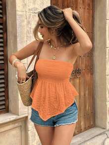 Top bandeau sin tirantes de unicolor con volantes en el bajo, para vacaciones - Camel - Ver 4