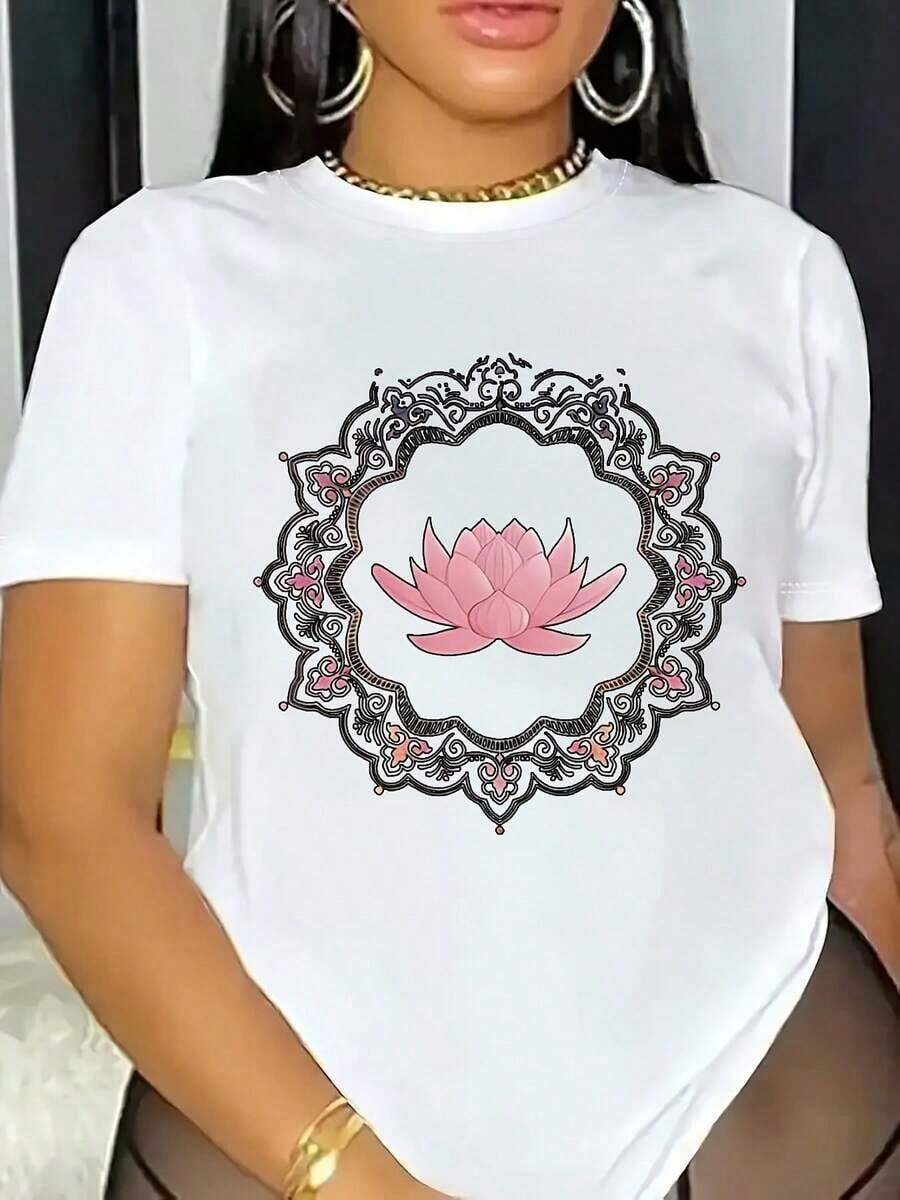 Women's Oversized Casual Short-Sleeve T-Shirt With Pink Lotus And Multicolor Mandala Artistic Print - Soft Machine Washable Fabric, Round Neck, Short Sleeve, Casual Dress, Women's T-Shirt, Four Season Clothing, Comfortable Fabric, 100% Cotton - 白色 - 查看 1