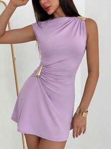 Women's Dress With Umbrella Sleeves And Ruffles With Metallic Decoration - Mauve Purple - View 7