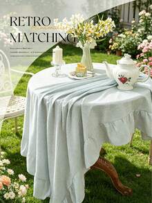 1pc Tablecloth With Ruffle Hem Decor, Polyester Fabric, Light Blue Plaid Pattern, Rectangular Or Square, Suitable For Dining Room And Living Room Table Decor - Baby Blue - View 6