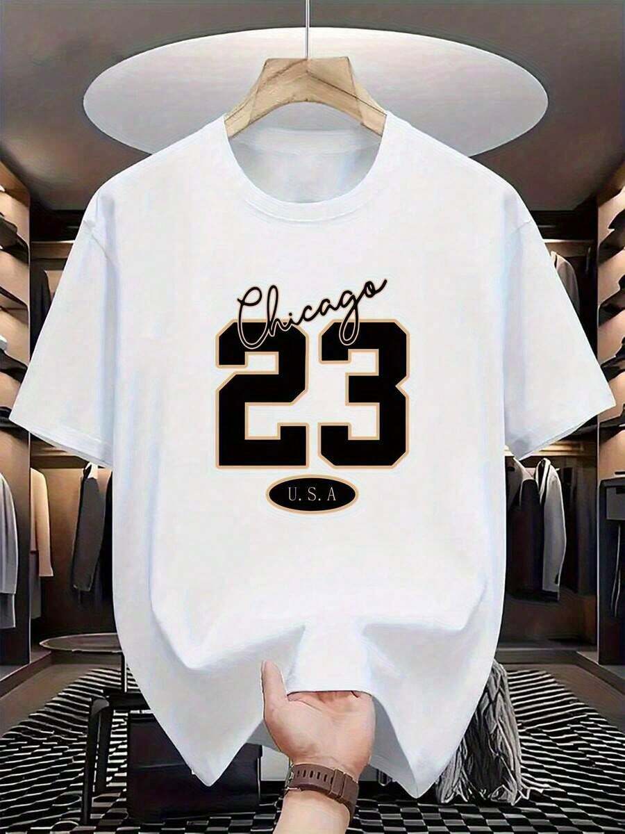 Men's Black T-Shirt With Chicago 23 USA Print - 100% Cotton, Breathable, Quick-Drying, Crew Neck, Regular Fit, Casual T-Shirt For Summer, Suitable For Sports And Outdoor Activities, Chicago Print T-Shirt, Vibrant Style. - 白色的 - 查看 1