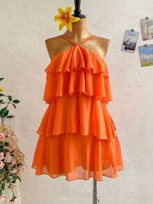 Nuevo vestido elegante y romántico para invitados de boda, de unicolor, con espalda descubierta, multicapa con volantes de gasa, adecuado para estilo bohemio, boho, floral romántico, vacaciones, floral, citas, San Valentín, Pascua, carnaval,é de la tarde, playa, crucero, vacaciones en la ciudad - Naranja Coral - Ver 4
