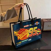Miniso Pixar Cars Lightning McQueen Tote Bag - Rust-Eze 95 Print Canvas Shoulder Bag, Large Capacity Handbag For Work, School, Travel & Shopping - Black - View 4