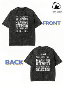 Men's Vintage Acid Wash Cotton T-Shirt With Funny "Selective Hearing" Graphic Print And Sarcastic Slogan, Casual Oversized Style, Gray, Fashionable, Loose Fit, Short Sleeve, For Men And Women - 黑色 - 查看 2
