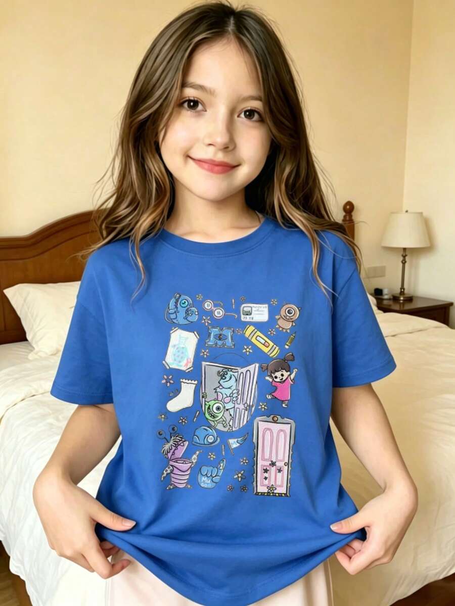 Cartoon Characters And Objects Printed T-Shirt For Kids - Blue - View 1