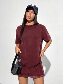 Set de 2 piezas, camiseta y pantalones cortos, de estilo vintage para mujer - Burdeos - Ver 3