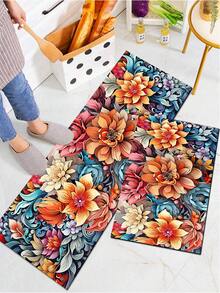 1pc Floral Pattern Non-Slip Oil-Proof Kitchen Mat, Simple Rectangular Waterproof Stain-Resistant Rug, Suitable For Living Room, Bedroom, Hallway, Bathroom And Laundry Room, Polyester Fiber Carpet For Indoor And Outdoor Home Decor - Multicolor - View 2