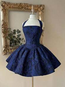 Lovelzi Vestido elegante, romántico y de moda de tela jacquard burdeos con escote halter, espalda descubierta y manga larga en corte evasé, adecuado para ceremonia de graduación, apertura de escuela, festival de música, fiesta de cumpleaños, boda, té de la tarde, baile de graduación - Azul marino - Ver 4