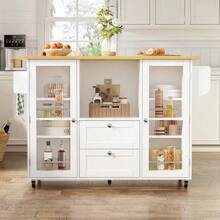 Kitchen Island On Casters With Fold-Down Worktop, Freestanding Kitchen Unit, Serving Cart With Storage Space, 2 Drawers, Spice Rack, Towel Rail, Lockable Casters, 120 * 45 (70) * 92 Cm - White - View 5