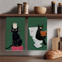 2pcs Cat Pattern Printed 40*60cm Soft Fiber Kitchen Towels, Absorbent Dish Cloths, Farmhouse Style Towels, Suitable For Kitchen, Bathroom, Housewarming Gifts, Great Value For Home - Green - View 6