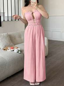 abyoxi Jumpsuit dài mùa hè nữ màu hồng, vải xếp ly vân, đai eo trang trí hoa, không dây hở lưng, cắt xẻ ngực, ôm eo tôn dáng, ống rộng, phong cách casual đi chơi, đi biển, hẹn hò, trà chiều, dạo phố hàng ngày, lãng mạn và quyến rũ - Hồng - Xem 6
