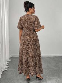 Plus Size Women's Printed Animal Pattern Woven Fabric V-Neck Maxi Dress Elegant Summer - Multicolor - View 2