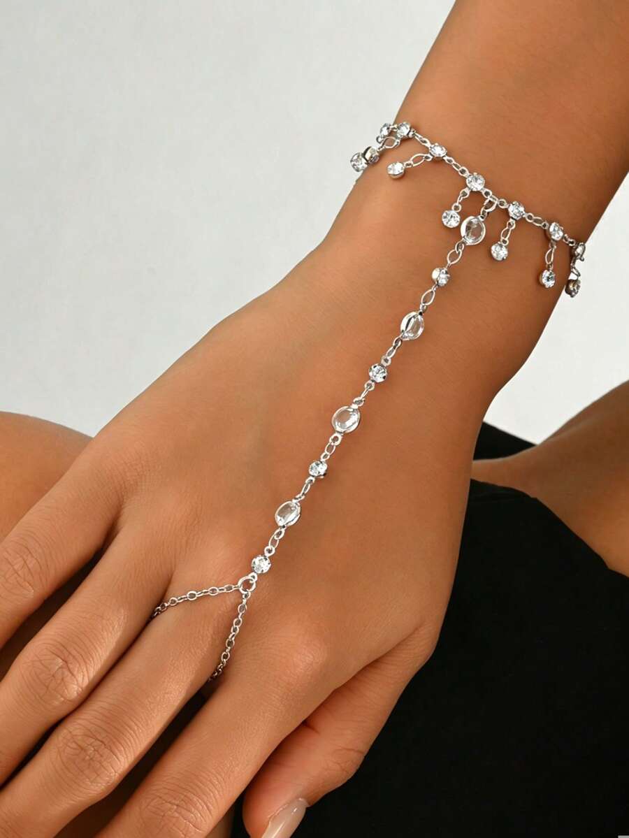 1 pieza Pulsera de cadena de dedo minimalista de plata, joyería hecha a mano versátil con borla y rhinestone, adecuada para uso diario. La longitud de la cadena y la cantidad de cuentas son aleatorias. - Plateado - Ver 1