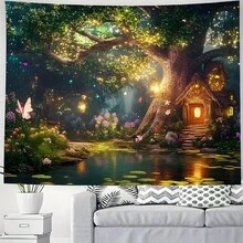 1pc Dreamy Magic Forest Tree House Theme Tapestry, Suitable For Bedroom Decor, Printed With Glowing Tree House And Fireflies Butterfly Forest Pattern, Wall Hanging Decoration - 1PC - View 11