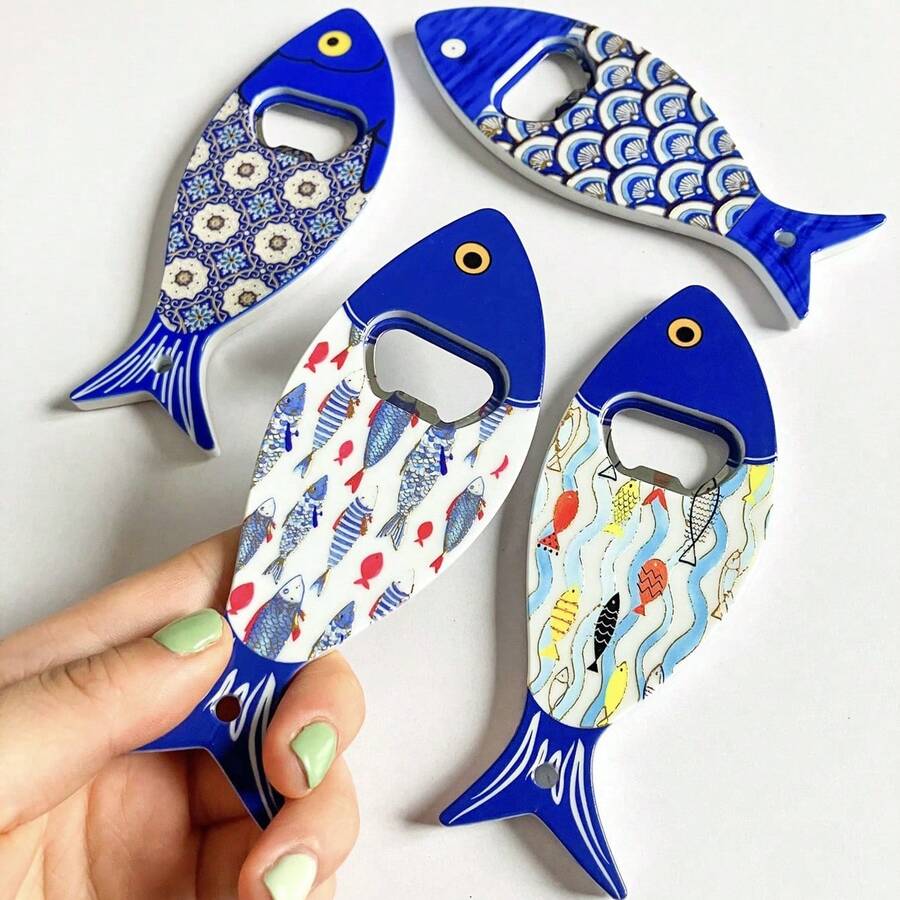 Portable Bottle Opener, Acrylic Fish-Shaped Blue Eye Fridge Ornament, Gold Engraved, Suitable For Home Use And Holiday Gifts.
