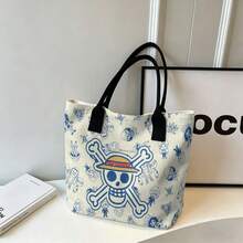 Miniso One Piece Cute Straw Hat Pirates Jolly Roger & Chibi Crew Print Canvas Tote Bag, Beige Shoulder Bag For Daily Use - Black - View 7