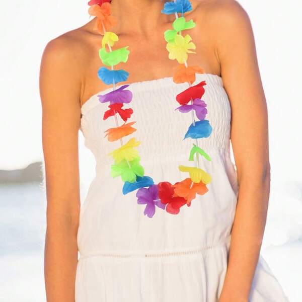 12pcs Rainbow Costume Props Vacation Style Artificial Hawaiian Flower Wreath Colorful Flower Necklace Beach Party Decorations