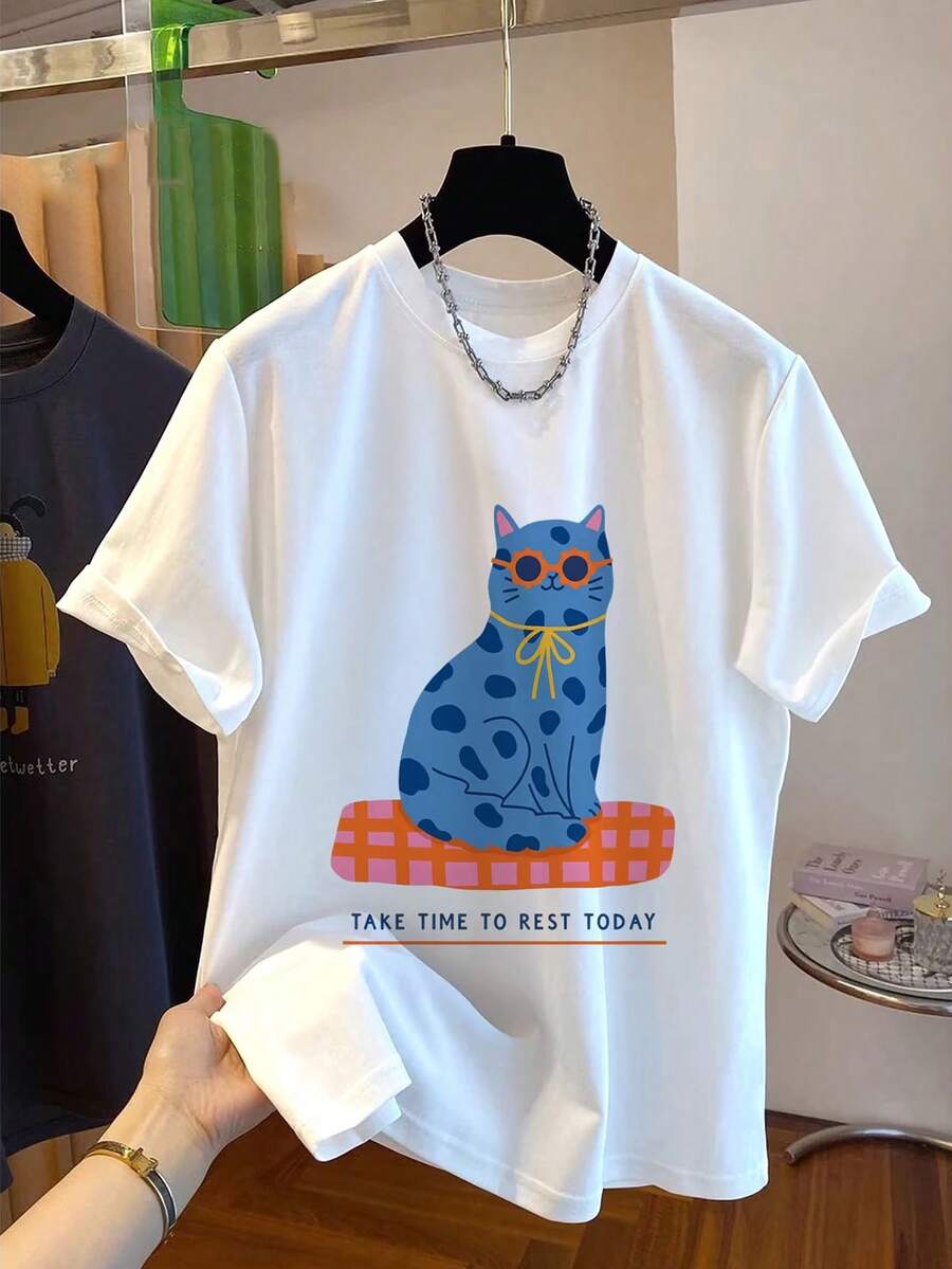 大尺碼女款圓領懶貓印花寬鬆基本款純色T恤休閒白色夏季 - 白色 - 查看 1