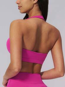 NcmRyu 1pc Women's Solid Color Halter Neck Backless Sports Camisole With Removable Pads - Hot Pink - View 3