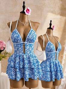 Bellisia Blue Floral Print Halter Neck Backless Double Layer Swimsuit Skirt, Sweet & Cute Style For Summer Beach, Pool Party - Blue and White - View 9