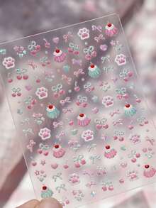 1 Piece Of Sweet Style Pink And Red Color Bowknot Apple Cake Cat Paw Lens Film Sticker. The Sticker Features A Variety Of Elements Including Stars, Bowknot, Cakes, Hearts, Umbrellas, Etc., Suitable For Various Phone Cases, Earphone Cases, And Nail Art Decoration Stickers. It Can Be Freely Customized And Is Always A Beautiful Sticker. - Multicolor - View 9
