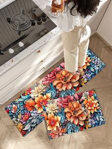 1pc Floral Pattern Non-Slip Oil-Proof Kitchen Mat, Simple Rectangular Waterproof Stain-Resistant Rug, Suitable For Living Room, Bedroom, Hallway, Bathroom And Laundry Room, Polyester Fiber Carpet For Indoor And Outdoor Home Decor - Multicolor - View 5